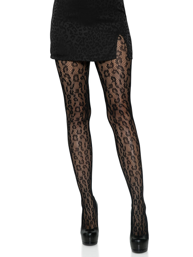 Leopard Net Tights - Black - O/S