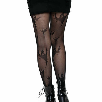 Spooky Ghost Fishnet Tights - Black - O/S
