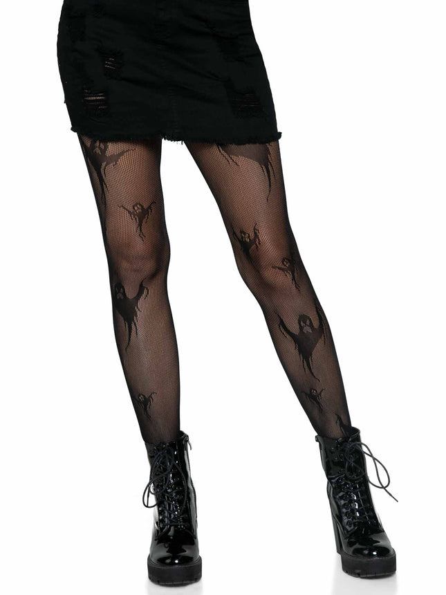 Spooky Ghost Fishnet Tights - Black - O/S