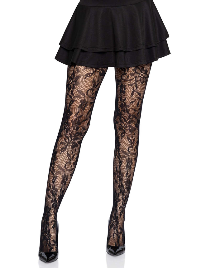 Seamless Chantilly Floral Lace Tights - Black - O/S
