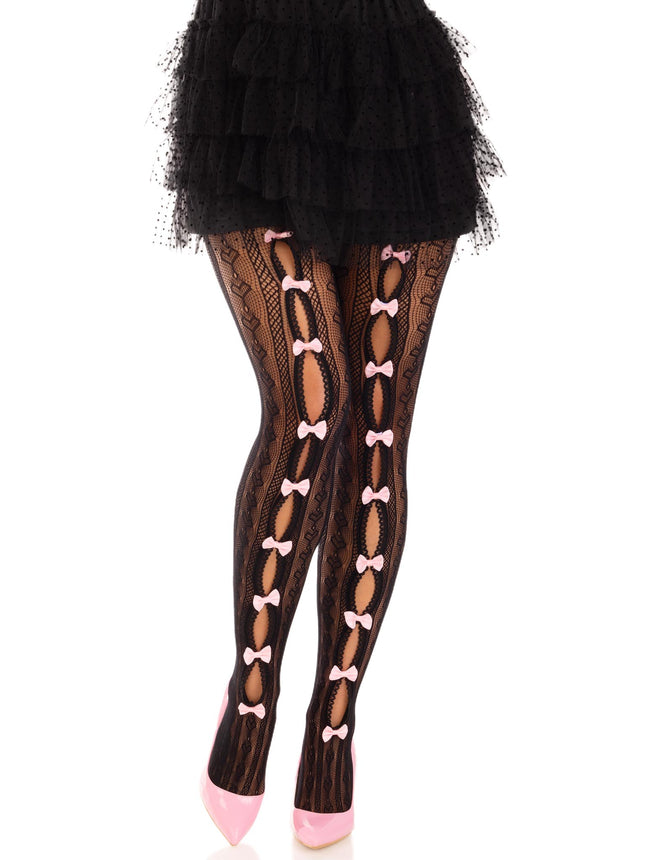 Sweetheart Striped Net Tights with Keyhole and Mini Bow Detail - Black - O/S