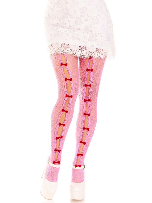 Sweetheart Striped Net Tights with Keyhole and Mini Bow Detail - Pink - O/S
