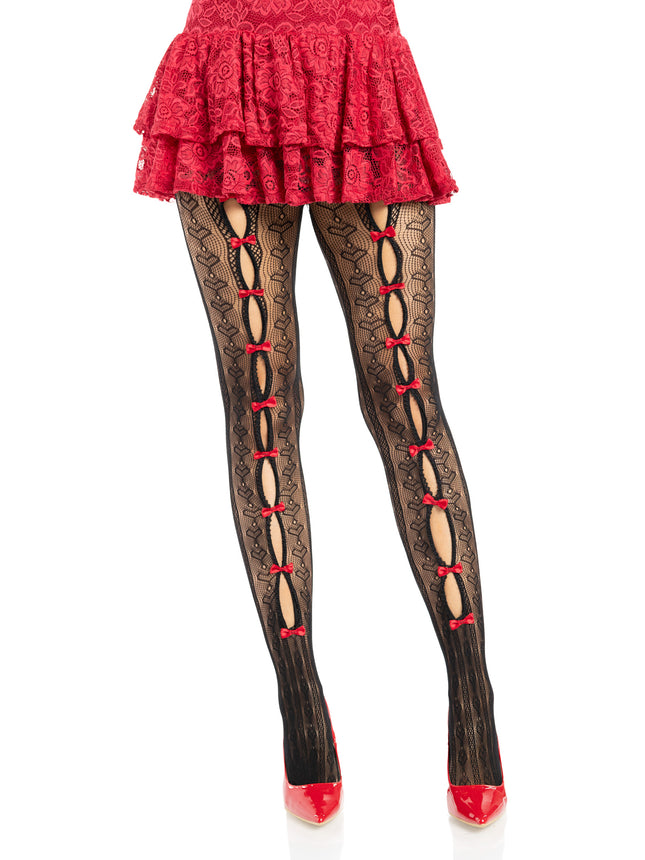 Sweetheart striped net tights with keyhole and mini bow detail. - Black/Red - O/S