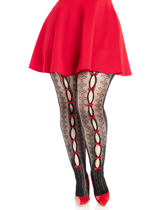 Sweetheart Striped Net Tights with Keyhole - Black/Red - 1X-2X