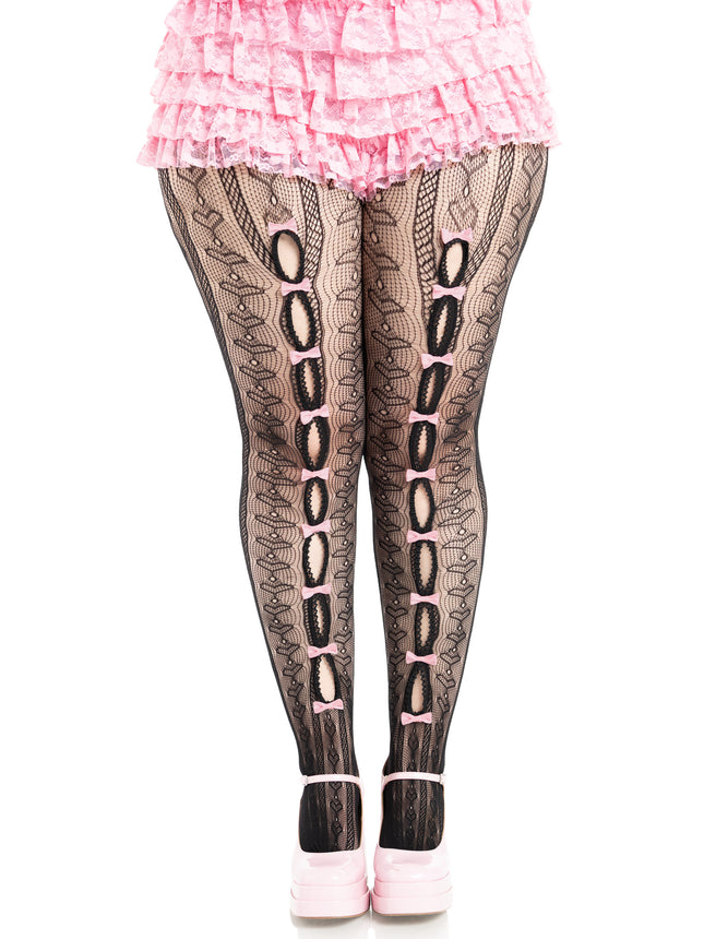 Sweetheart Striped Net Tights with Keyhole - Black/Pink - 1X-2X