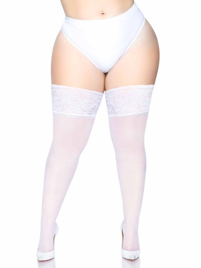Plus Size Spandex Sheer Thigh Highs with 5"" Silicone Stay Up Lace Top - White - PLUS SI