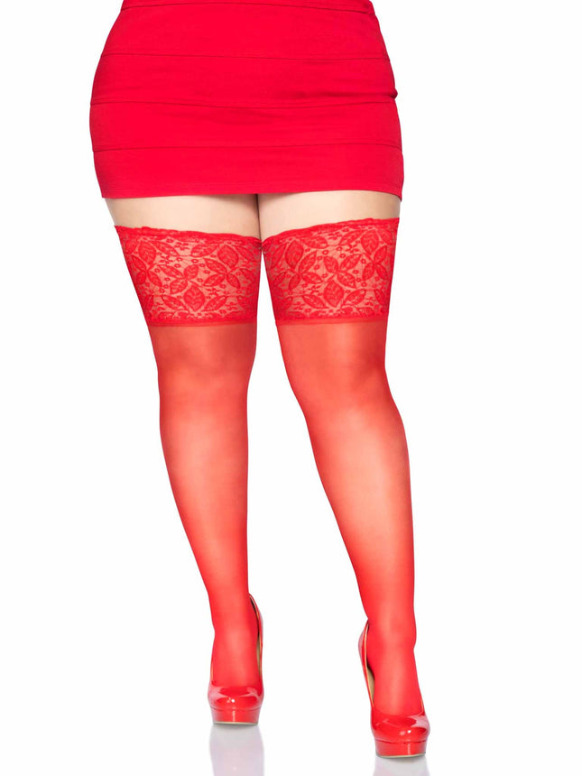 Plus Size Spandex Sheer Thigh Highs with 5"" Silicone Stay Up Lace Top - Red - PLUS SI