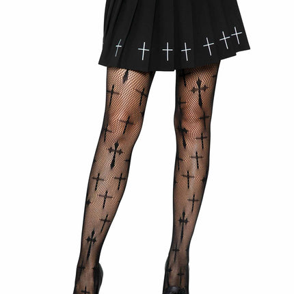 Worship Me Cross Net Tights - Black - O/S