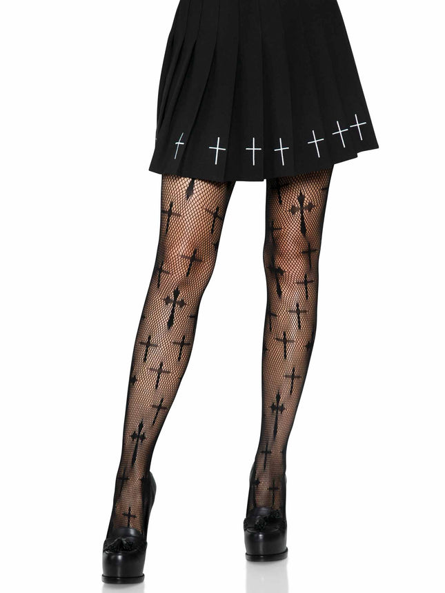 Worship Me Cross Net Tights - Black - O/S