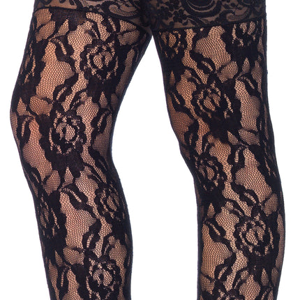 Lace Top Rose Lace Thigh Highs - Black - O/S