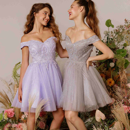 CLEARANCE - Eureka 9833 Short A-Line Off Shoulder Glitter Mesh Dress (Size M)