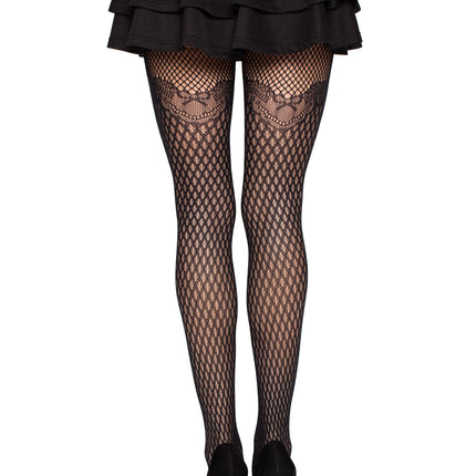 Gilded Grid Net Tights with Bow Lace Top - Black - O/S