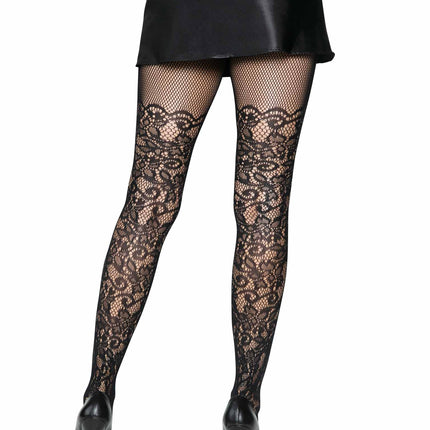 Floral Vine Net Tights - Black - O/S