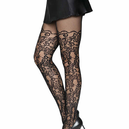 Floral Vine Net Tights - Black - O/S