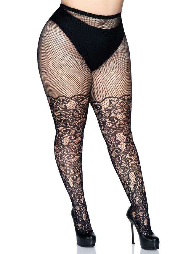 Plus Size Floral Vine Net Tights - Black - PLUS SIZE