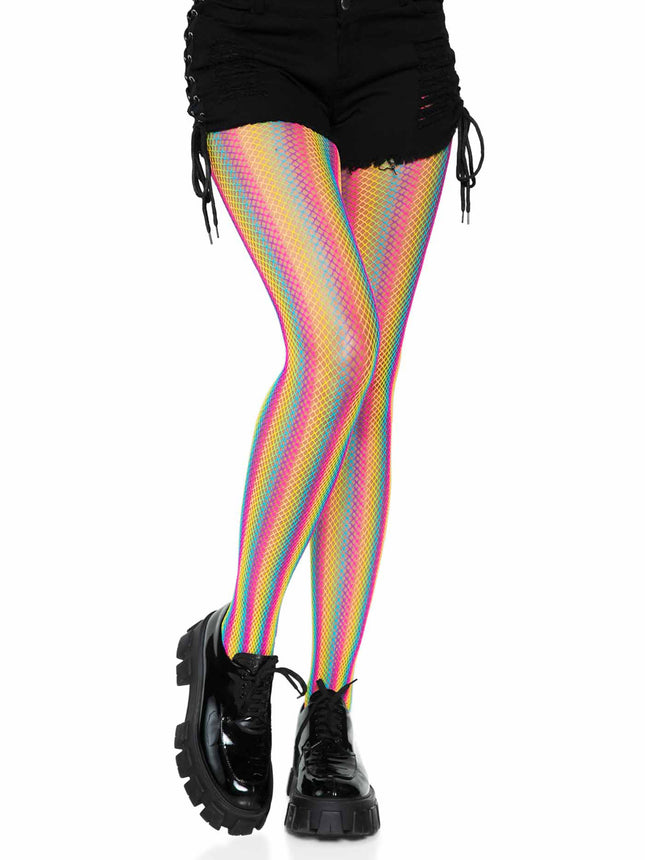 Neon Rainbow Striped Fishnet Tights - Multicolor - O/S