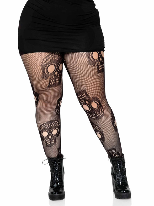 Plus Size Sugar Skull Net Tights - Black - 1X-2X