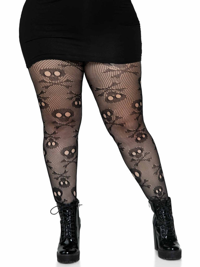 Plus Size Pirate Booty Skull Net Tights - Black - 1X-2X