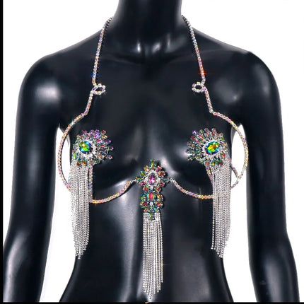 Sexy Tassel Color Crystal Chest Chain Necklace Women Bikini Accessories Sparkling Rhinestone Bra Body Chain Beach Charm Lingerie