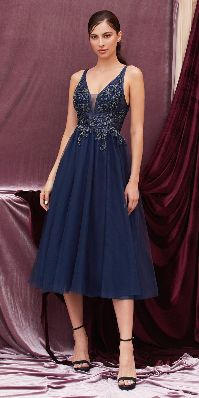 Andrea & Leo A0762s Appliqued Bodice Tea-Length Dress