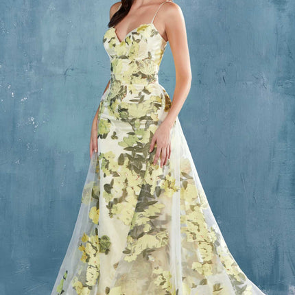 Andrea & Leo A0770 Floor Length Sheath Organza Print Formal Gown