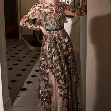Andrea & Leo A0926 Long Sleeved Evening Gown with Floral Appliques