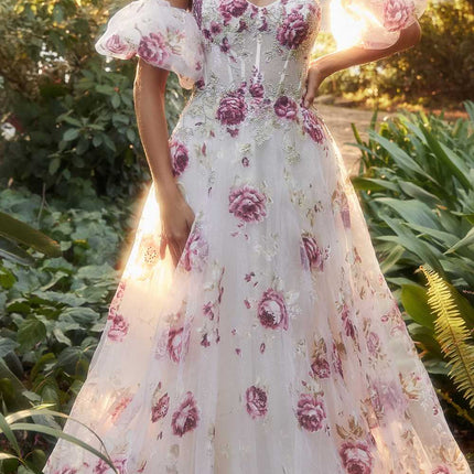 Andrea & Leo A1133 Floor Length Strapless Organza Peony Print Ball Gown