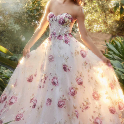 Andrea & Leo A1133 Floor Length Strapless Organza Peony Print Ball Gown