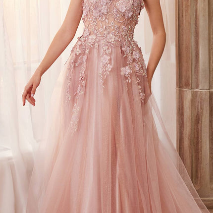 Andrea & Leo A1142 Floor Length Floral Applique A-Line Tulle Gown