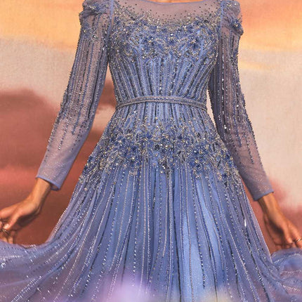 Andrea & Leo A1167 Floor Length Azurite Beaded Long Sleeve A-Line Gown