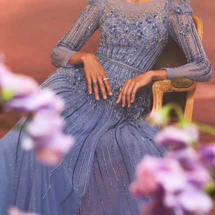 Andrea & Leo A1167 Floor Length Azurite Beaded Long Sleeve A-Line Gown