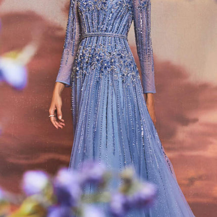 Andrea & Leo A1167 Floor Length Azurite Beaded Long Sleeve A-Line Gown