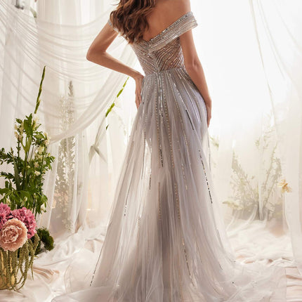 Andrea & Leo A1182 Floor Length Silver Siren Bead Gown with Overskirt
