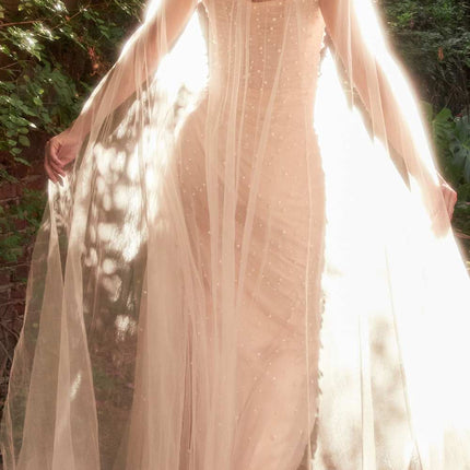 Andrea & Leo A1219 Floor Length Pearl Pleated Tulle Gown with Cape