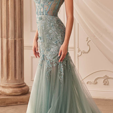 Andrea & Leo A1232 Long Fit and Flare Glitter Tulle Trumpet Gown