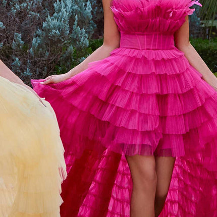 Andrea & Leo A1240 High-Low Ruffled Tiered Tulle Gown Feather Details