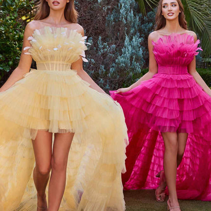 Andrea & Leo A1240 High-Low Ruffled Tiered Tulle Gown Feather Details