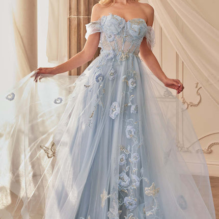 Andrea & Leo A1246 Long Off the Shoulder Floral Applique Tulle Ball Gown