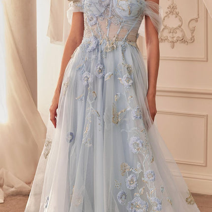 Andrea & Leo A1246 Long Off the Shoulder Floral Applique Tulle Ball Gown