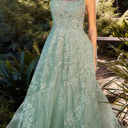 Andrea & Leo A1248 Long Lace Embellished Tulle Skirt A-Line Dress
