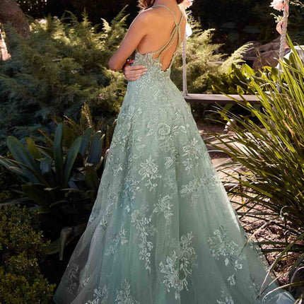 Andrea & Leo A1248 Long Lace Embellished Tulle Skirt A-Line Dress