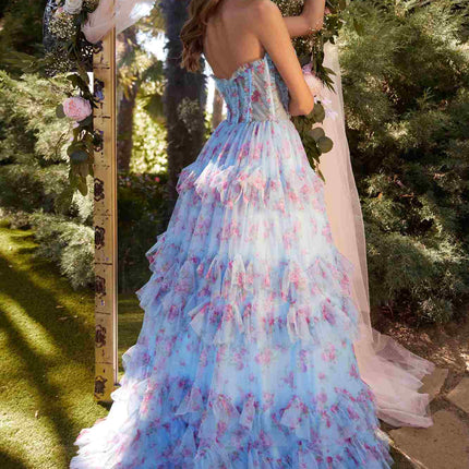 Andrea & Leo A1334 Long Floral Printed Strapless Tiered Skirt Dress