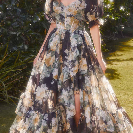 Andrea & Leo A1336 Long Floral Print Puff Sleeve A-line Gown