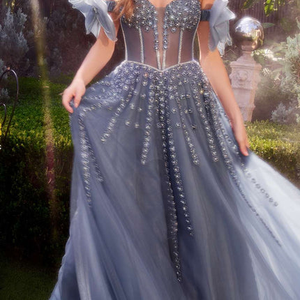 Andrea & Leo A1338 Long Strapless Beaded Gown with Bow Arm Bands