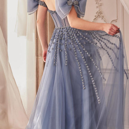 Andrea & Leo A1338 Long Strapless Beaded Gown with Bow Arm Bands