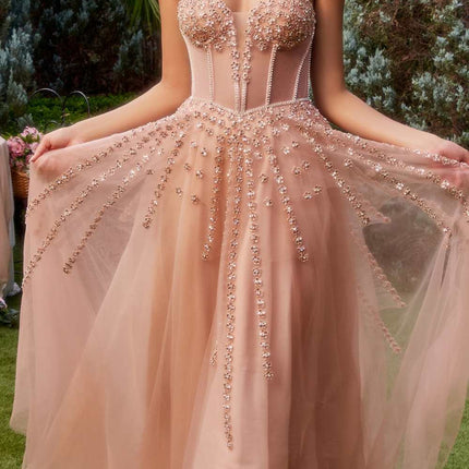 Andrea & Leo A1338 Long Strapless Beaded Gown with Bow Arm Bands