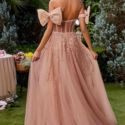 Andrea & Leo A1338 Long Strapless Beaded Gown with Bow Arm Bands