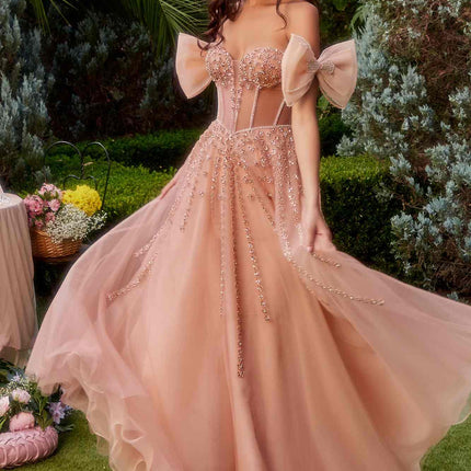 Andrea & Leo A1338 Long Strapless Beaded Gown with Bow Arm Bands