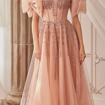 Andrea & Leo A1338 Long Strapless Beaded Gown with Bow Arm Bands