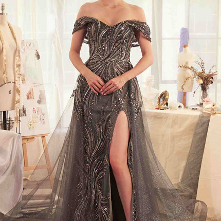 Andrea & Leo A1375 Dress Off The Shoulder Beaded Gown & Overskirt